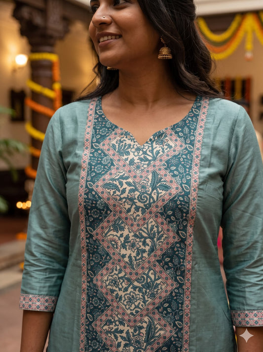 Sage Teal Elegance Printed Silk Salwar