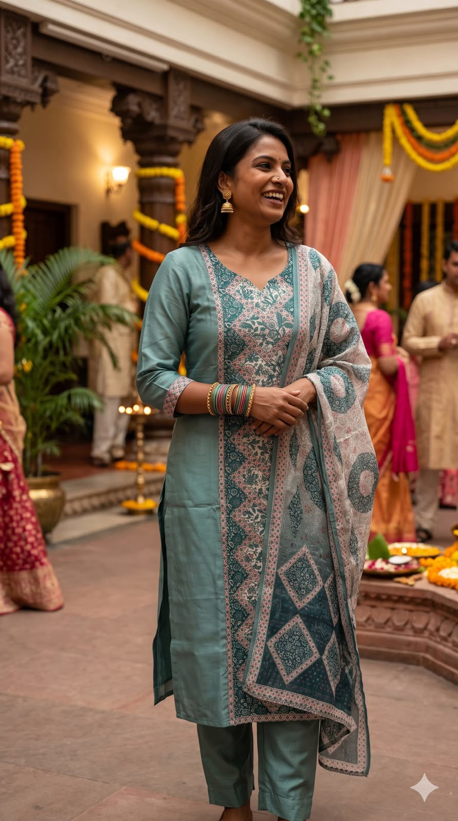 Sage Teal Elegance Printed Silk Salwar