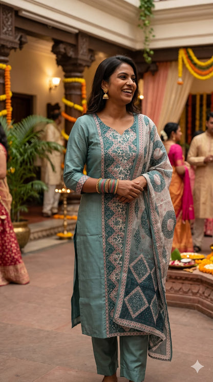 Sage Teal Elegance Printed Silk Salwar