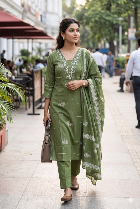 Olive Green Slim Fit Cotton Salwar