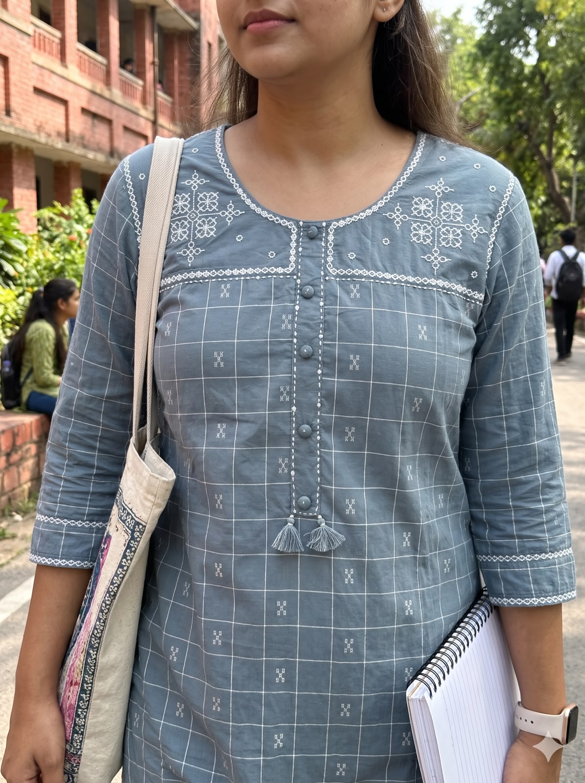 Slate Blue Checked Cotton A-Line Kurta Pant