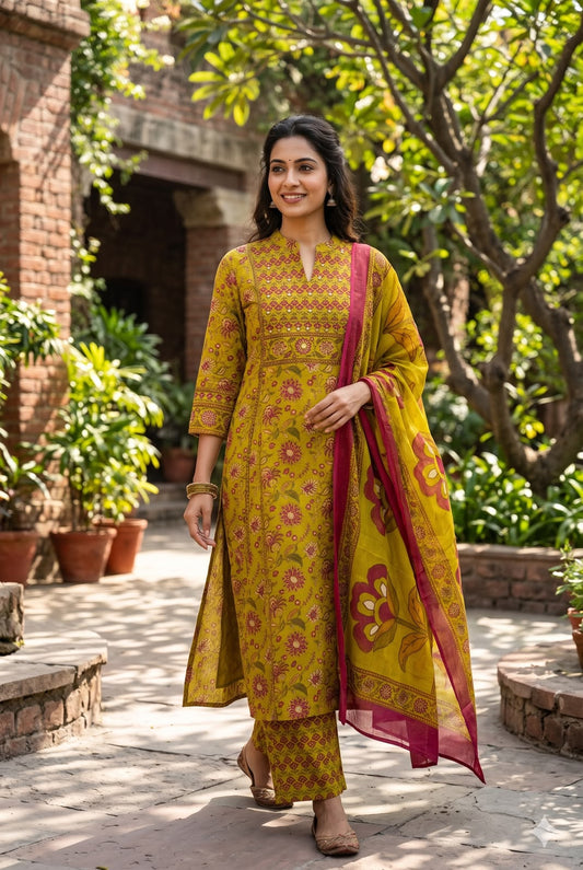 Lime Green Yellow Cotton A-Line Salwar