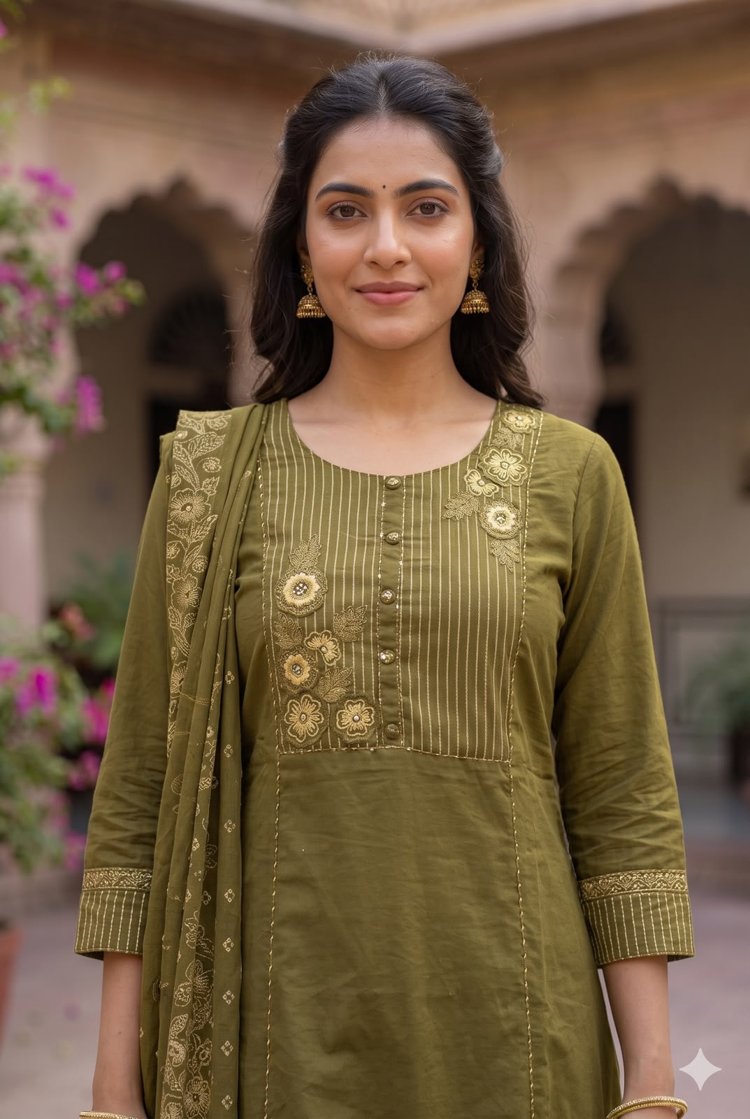 Olive Green Embroidered Straight-Fit Salwar