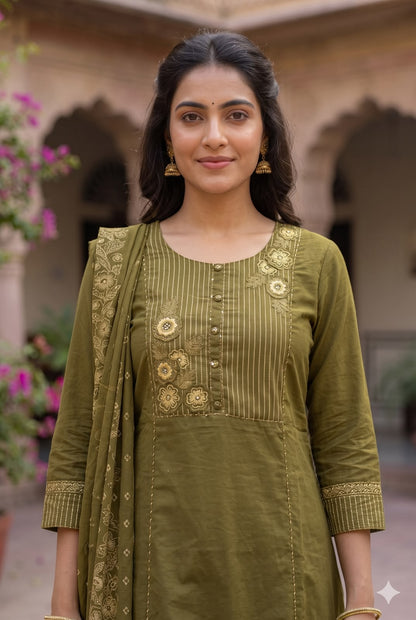 Olive Green Embroidered Straight-Fit Salwar
