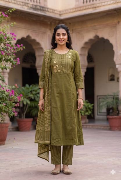 Olive Green Embroidered Straight-Fit Salwar