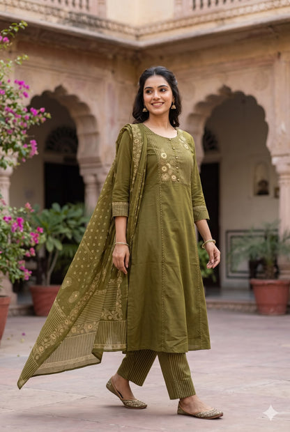 Olive Green Embroidered Straight-Fit Salwar