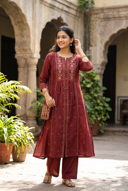 Mul Cotton Maroon A-Line Kurta Pant