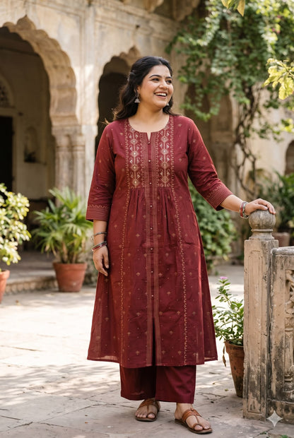 Mul Cotton Maroon A-Line Kurta Pant
