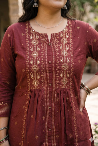 Mul Cotton Maroon A-Line Kurta Pant