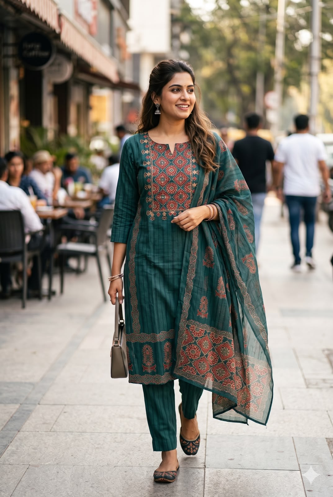Emerald Teal Green Slim-Fit Printed Cotton Salwar