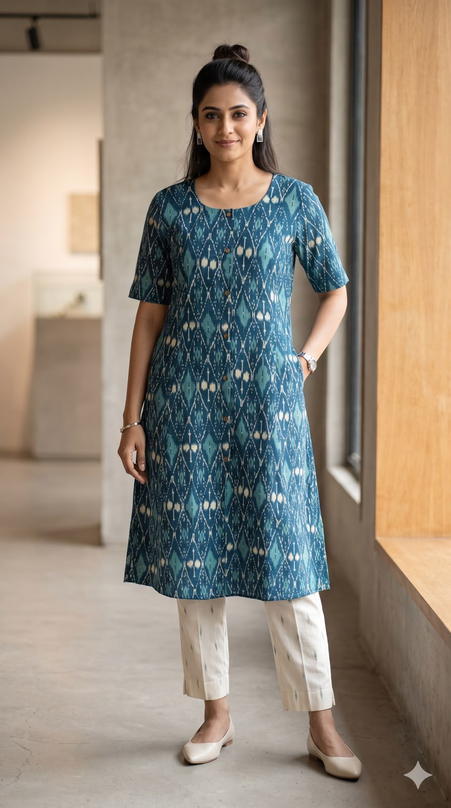 Teal Blue Printed Cotton Flex A-Line Kurta