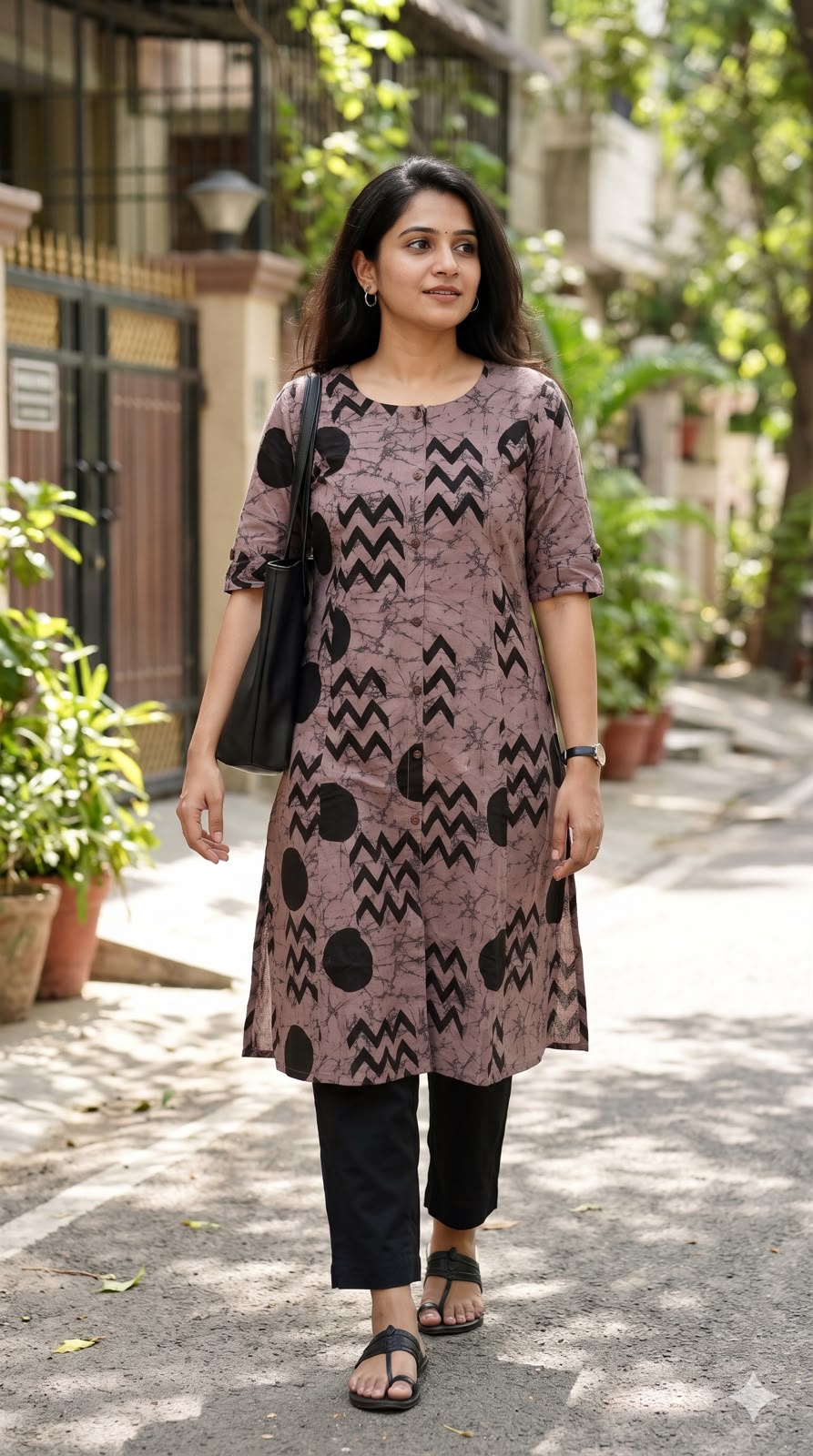 Mauve Black Abstract Printed Handloom Cotton A-Line Kurta