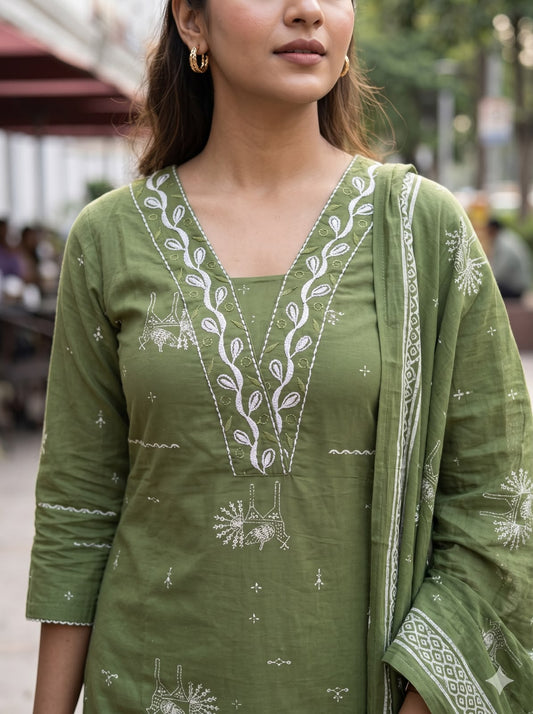 Olive Green Slim Fit Cotton Salwar