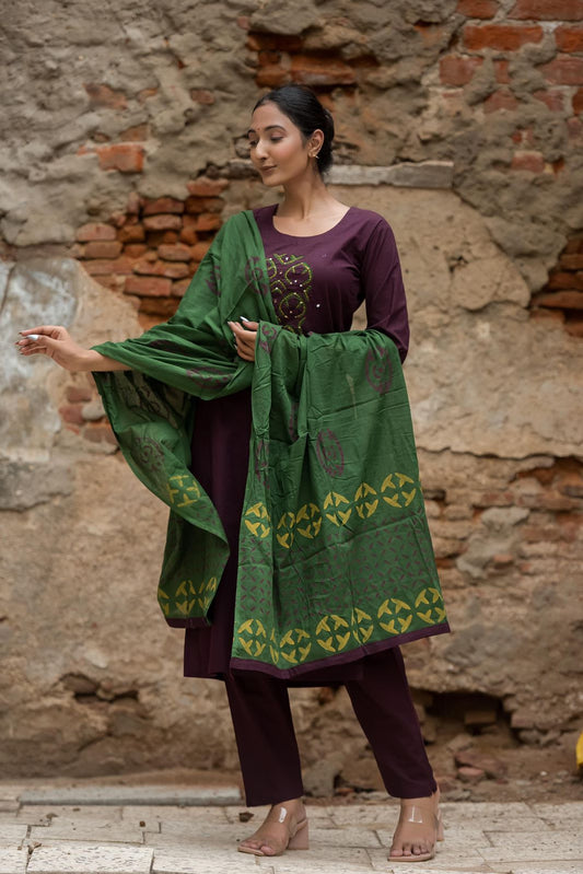 Wine Green Applique Cotton Salwar