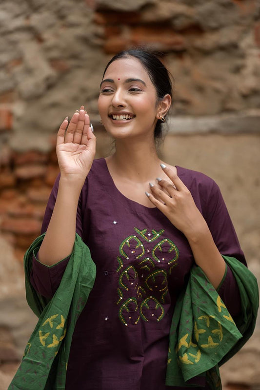 Wine Green Applique Cotton Salwar