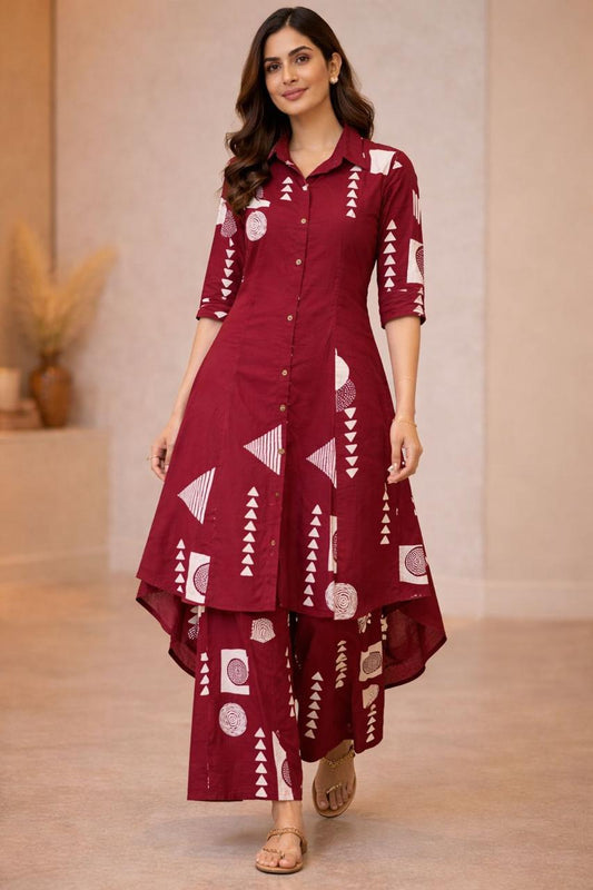 Crimson Geometry Apple Cut Cotton Co-Ord