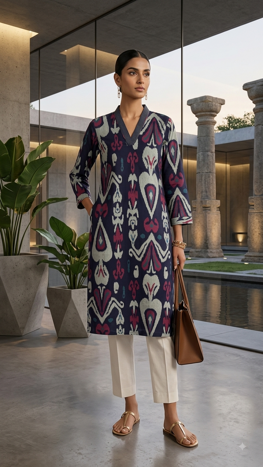 Navy Blue Ikat Straight Kurta